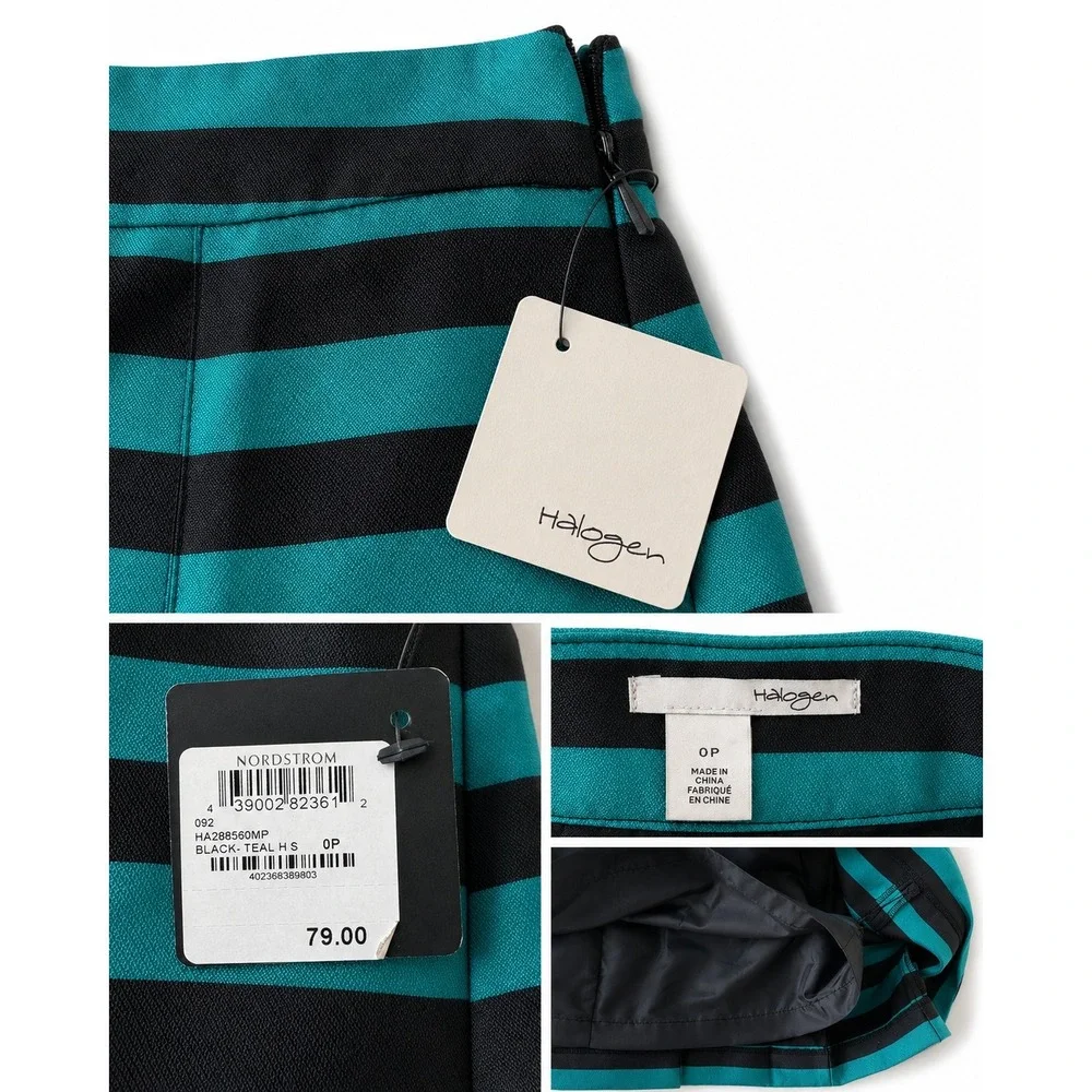 Halogen Teal Black Striped Pleated Midi Skirt Petite 0P NWT Nordstrom A-Line